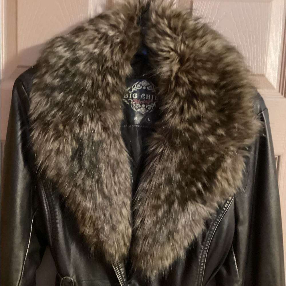Big Chill Vintage  Brown Leather Jacket with Brown Faux Fur - Picture 6 of 10